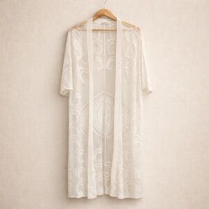 DEX Lace Kimono Duster Ivory Sheer Embroidered Maxi Open Boho Layering Cardigan